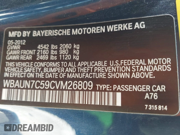 2012 BMW 1 Series 135i with VIN WBAUN7C59CVM26809, listed as a IAAI auction lot 42336904 with 164,247 mi miles and . Bid and sale history available at DreamBid. Image 9.