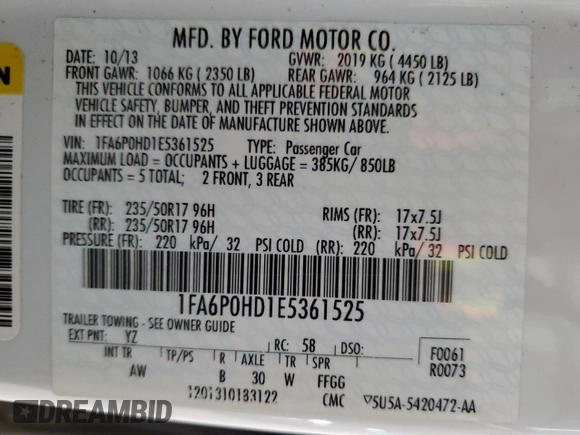 2014 Ford Fusion SE with VIN 1FA6P0HD1E5361525, listed as a Copart auction lot 51347635 with 173,066 mi miles and Salvage Title. Bid and sale history available at DreamBid. Image 14.