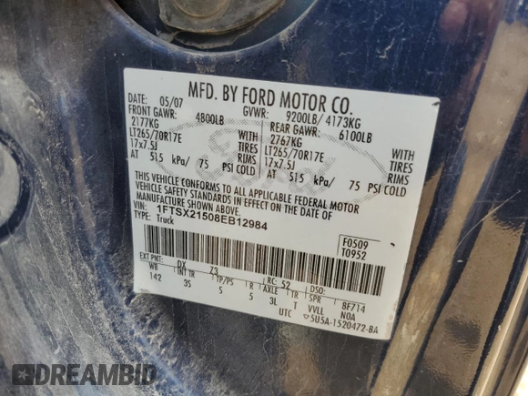 2008 Ford F-250 XL с VIN 1FTSX21508EB12984, выставлен на аукционе Copart как лот 54117175 с пробегом 131 009 миль миль и Чистый • Clean title. История ставок и продаж доступна на DreamBid. Изображение 12.