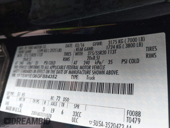 2016 Ford F-150 XLT with VIN 1FTEW1EG6GFB84352, listed as a IAAI auction lot 41910155 with 128,756 mi miles. Bid and sale history available at carsss.com. Image 9.
