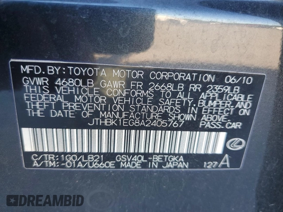 2010 Lexus ES 330 with VIN JTHBK1EG8A2405767, listed as a Copart auction lot 55885585 with 132,719 mi miles and Clean Title. Bid and sale history available at DreamBid. Image 12.