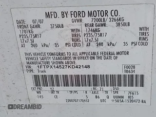 2007 Ford F-150 XLT with VIN 1FTPX14527KD42148, listed as a IAAI auction lot 42077816 with 267,360 mi miles. Bid and sale history available at carsss.com. Image 9.