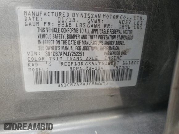 2018 Nissan Sentra SR Turbo с VIN 3N1CB7AP4JY252291, выставлен на аукционе Copart как лот 58744375 с пробегом 167 063 миль миль и Списание • Salvage title. История ставок и продаж доступна на DreamBid. Изображение 12.