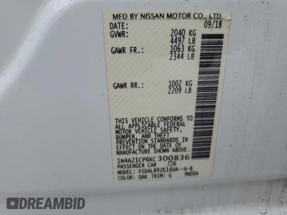 2019 Nissan LEAF SV с VIN 1N4AZ1CP6KC300836, выставлен на аукционе Copart как лот 57569825 с пробегом 16 006 миль миль и Чистый • Clean title. История ставок и продаж доступна на DreamBid. Изображение 12.