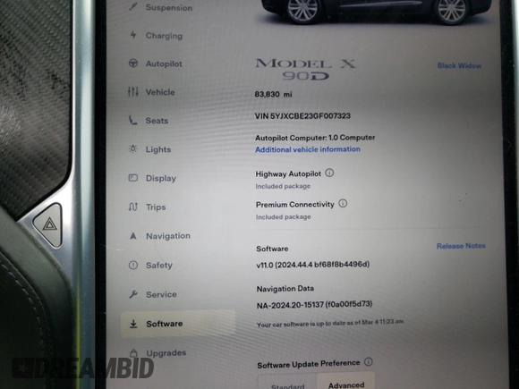 2016 Tesla Model X 70D with VIN 5YJXCBE23GF007323, listed as a Copart auction lot 47666335 with 83,830 mi miles and Clean Title. Bid and sale history available at carsss.com. Image 9.