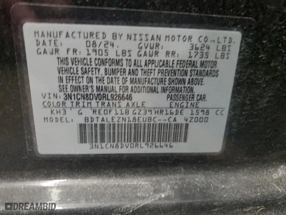 2024 Nissan Versa S with VIN 3N1CN8DV0RL926646, listed as a Copart auction lot 46727365 with 5,030 mi miles and Salvage Title. Bid and sale history available at carsss.com. Image 13.