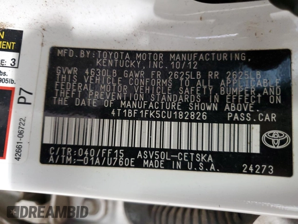 2012 Toyota Camry L with VIN 4T1BF1FK5CU182826, listed as a Copart auction lot 48931115 with 166,777 mi miles and Salvage Title. Bid and sale history available at carsss.com. Image 12.