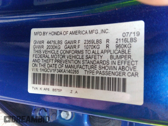 2019 Honda Accord Sedan Sport 1.5T with VIN 1HGCV1F34KA140265, listed as a IAAI auction lot 35917548 with 38,909 mi miles. Bid and sale history available at carsss.com. Image 9.