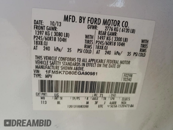 2014 Ford Explorer XLT z VIN 1FM5K7D80EGA90981, wystawiony jako Copart lot #59228575 z przebiegiem 105 580 mil mil oraz Szkoda całkowita • Salvage title. Historia ofert i sprzedaży dostępna na DreamBid. Obrazek 12.