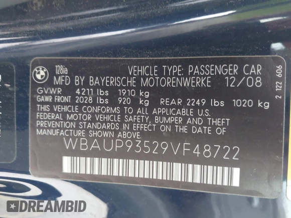 2009 BMW 1 Series 128i with VIN WBAUP93529VF48722, listed as a IAAI auction lot 42274781 with 108,528 mi miles and . Bid and sale history available at DreamBid. Image 9.