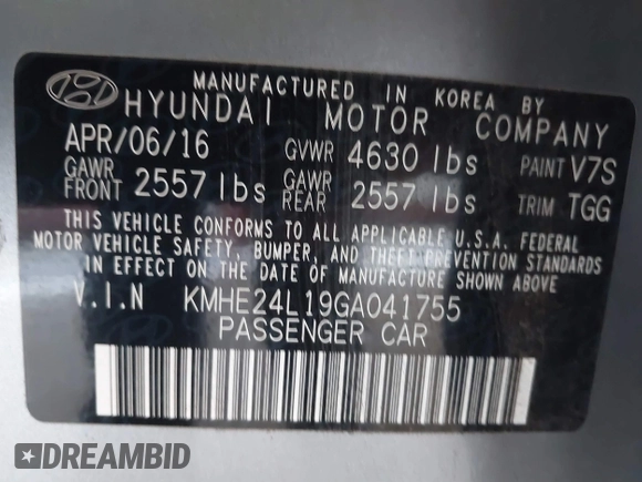 2016 Hyundai Sonata Hybrid SE with VIN KMHE24L19GA041755, listed as a IAAI auction lot 41836917 with 109,863 mi miles. Bid and sale history available at carsss.com. Image 9.