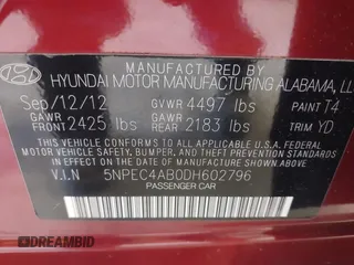 2013 Hyundai Sonata Limited with VIN 5NPEC4AB0DH602796, listed as a IAAI auction lot 41776541 with 206,329 mi miles and . Bid and sale history available at carsss.com. Image 9.