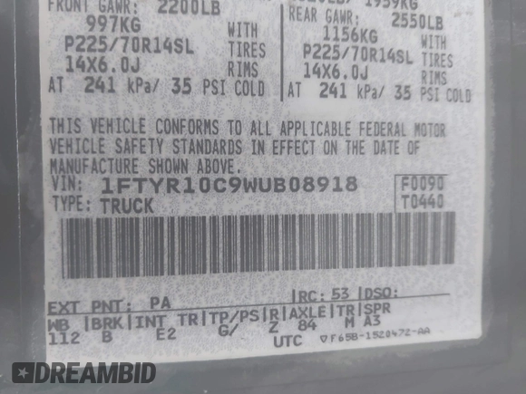 1998 Ford Ranger XL with VIN 1FTYR10C9WUB08918, listed as a IAAI auction lot 42079944 with 147,944 mi miles and . Bid and sale history available at carsss.com. Image 9.