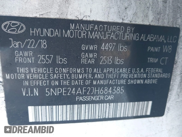 2018 Hyundai Sonata SE z VIN 5NPE24AF2JH684385, wystawiony jako IAAI lot #41354065 z przebiegiem 73 680 mil mil oraz . Historia ofert i sprzedaży dostępna na DreamBid. Obrazek 9.