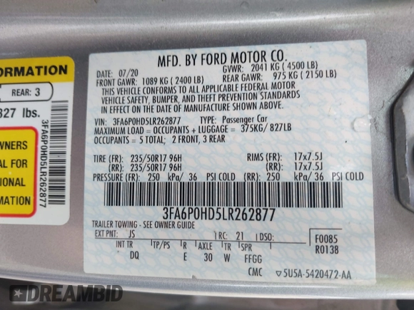 2020 Ford Fusion SE with VIN 3FA6P0HD5LR262877, listed as a IAAI auction lot 42243525 with 53,071 mi miles and . Bid and sale history available at DreamBid. Image 9.