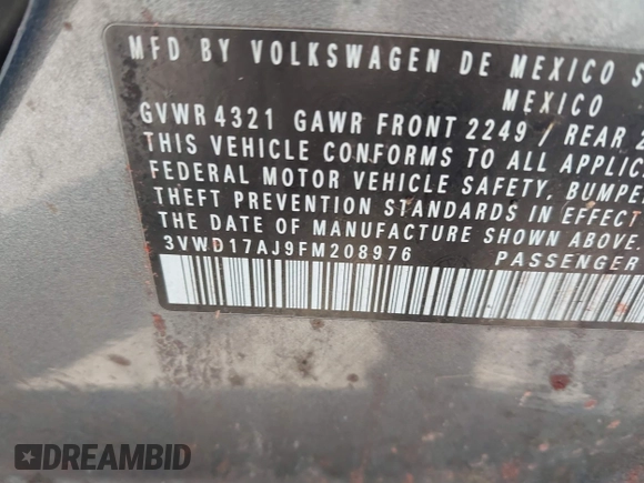 2015 Volkswagen Jetta SE with VIN 3VWD17AJ9FM208976, listed as a IAAI auction lot 42572374 with 259,993 mi miles and . Bid and sale history available at DreamBid. Image 9.