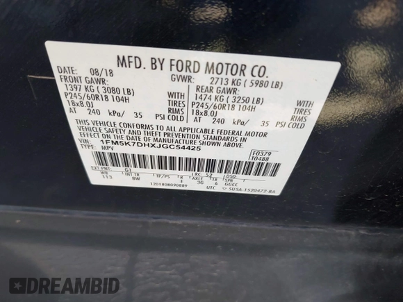 2018 Ford Explorer XLT with VIN 1FM5K7DHXJGC54425, listed as a IAAI auction lot 40332740 with 80,932 mi miles and . Bid and sale history available at DreamBid. Image 9.