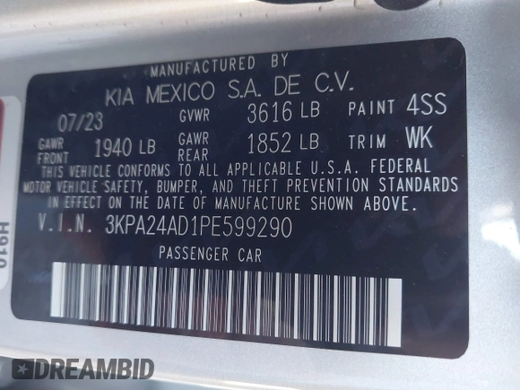 2023 Kia Rio LX with VIN 3KPA24AD1PE599290, listed as a IAAI auction lot 41023283 with 10,027 mi miles and . Bid and sale history available at DreamBid. Image 9.