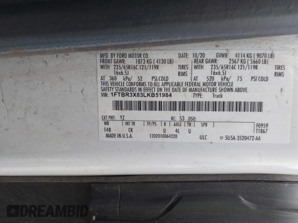 2020 Ford Transit Cargo with VIN 1FTBR3X83LKB51984, listed as a IAAI auction lot 42567147 with 209,178 mi miles and . Bid and sale history available at DreamBid. Image 9.