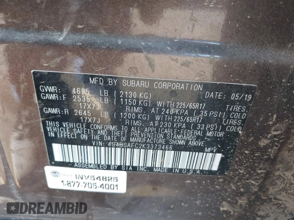 2019 Subaru Outback Premium with VIN 4S4BSAFC2K3373466, listed as a IAAI auction lot 42665425 with 65,545 mi miles and . Bid and sale history available at DreamBid. Image 9.