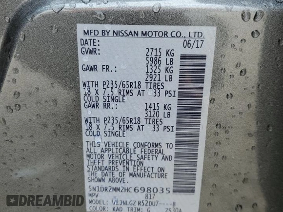 2017 Nissan Pathfinder SL with VIN 5N1DR2MM2HC698035, listed as a Copart auction lot 53912965 with 116,704 mi miles and Salvage title. Bid and sale history available at DreamBid. Image 14.