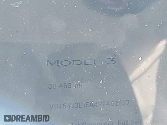 2023 Tesla Model 3 with VIN 5YJ3E1EA4PF462627, listed as a IAAI auction lot 41750103 with 38,463 mi miles and . Bid and sale history available at carsss.com. Image 7.