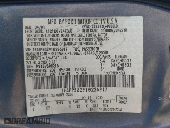 2001 Ford Taurus SE Standard с VIN 1FAFP58291G226917, выставлен на аукционе IAAI как лот 42691104 с пробегом 128 435 миль миль и . История ставок и продаж доступна на DreamBid. Изображение 9.