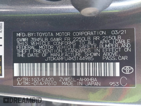 2021 Toyota Prius L Eco with VIN JTDKAMFU4M3144985, listed as a IAAI auction lot 42443957 with 20,816 mi miles and . Bid and sale history available at DreamBid. Image 9.