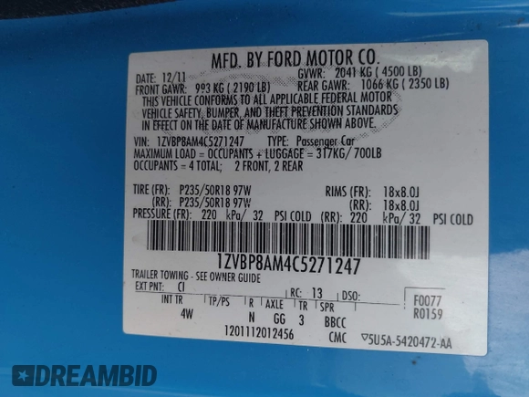 2012 Ford Mustang V6 Premium with VIN 1ZVBP8AM4C5271247, listed as a IAAI auction lot 41667475 with 150,700 mi miles. Bid and sale history available at carsss.com. Image 9.