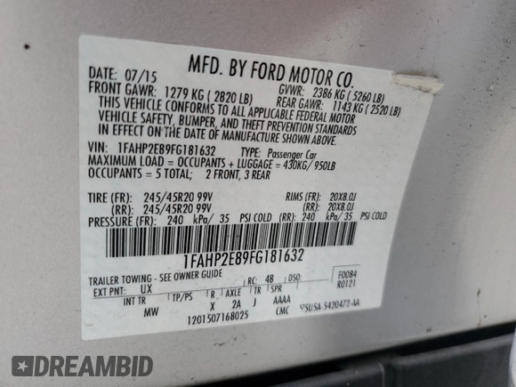 2015 Ford Taurus SEL with VIN 1FAHP2E89FG181632, listed as a Copart auction lot 51539765 with 99,747 mi miles and Salvage Title. Bid and sale history available at carsss.com. Image 12.