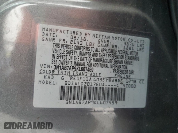 2019 Nissan Sentra SV with VIN 3N1AB7AP9KL607459, listed as a Copart auction lot 52867575 with 58,286 mi miles and Non Repairable. Bid and sale history available at carsss.com. Image 12.