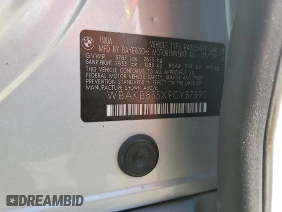 2009 BMW 7 Series 750Li with VIN WBAKB835X9CY57590, listed as a Copart auction lot 48168855 with 131,929 mi miles and Salvage title. Bid and sale history available at DreamBid. Image 14.