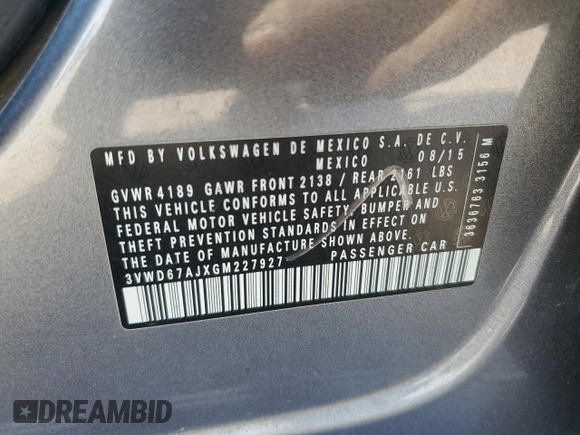 2016 Volkswagen Jetta Sedan 1.4T SE with VIN 3VWD67AJXGM227927, listed as a Copart auction lot 47115505 with 193,875 mi miles and Salvage Title. Bid and sale history available at carsss.com. Image 14.