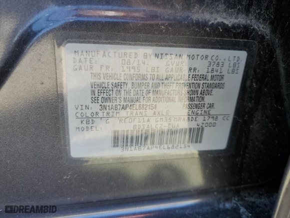 2014 Nissan Sentra S with VIN 3N1AB7AP4EL682154, listed as a Copart auction lot 46187515 with 105,570 mi miles and Salvage Title. Bid and sale history available at carsss.com. Image 12.