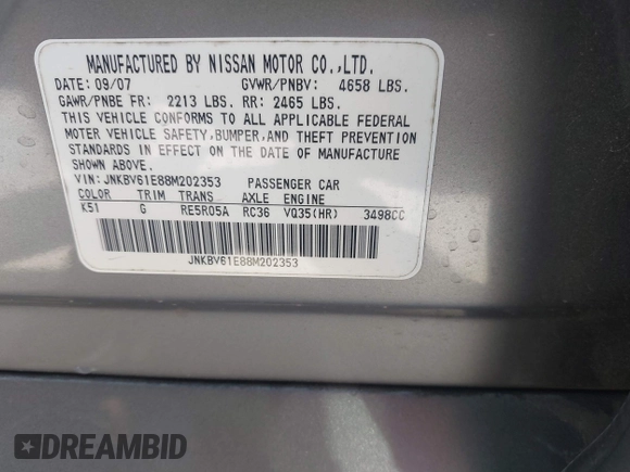 2008 Infiniti G35 Journey with VIN JNKBV61E88M202353, listed as a IAAI auction lot 42747442 with 142,917 mi miles and . Bid and sale history available at DreamBid. Image 9.