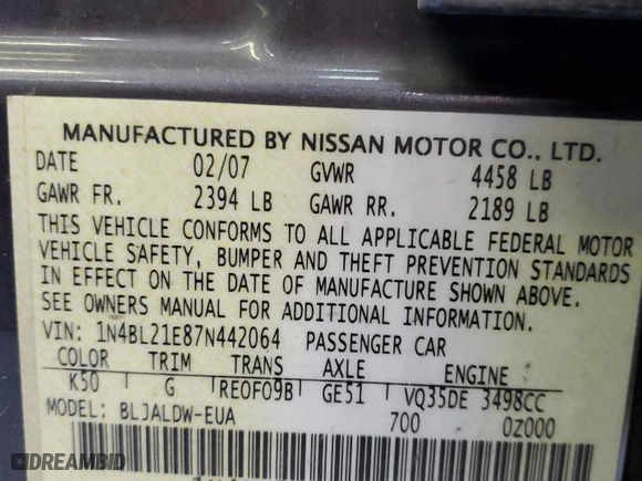 2007 Nissan Altima 3.5 SL with VIN 1N4BL21E87N442064, listed as a Copart auction lot 53791145 with 141,569 mi miles and Salvage Title. Bid and sale history available at carsss.com. Image 12.