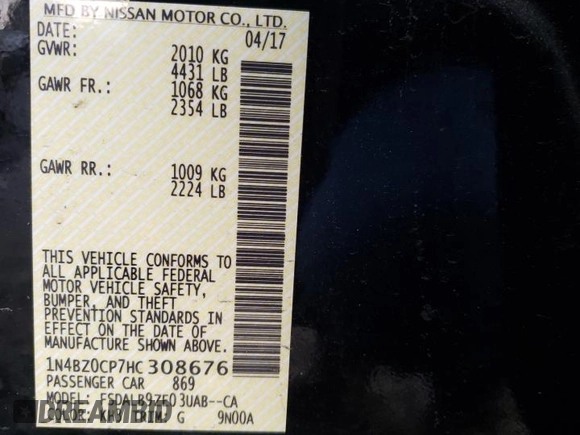 2017 Nissan LEAF SL with VIN 1N4BZ0CP7HC308676, listed as a Copart auction lot 71582022 with 0 mi miles. Bid and sale history available at carsss.com. Image 13.