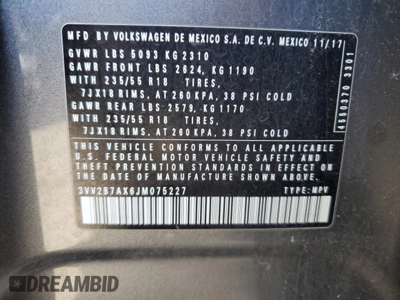 2018 Volkswagen Tiguan SEL with VIN 3VV2B7AX6JM075227, listed as a Copart auction lot 58259445 with 78,166 mi miles and Non repairable. Bid and sale history available at DreamBid. Image 13.