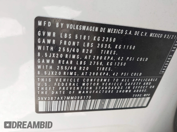 2021 Volkswagen Tiguan SE с VIN 3VV3B7AX7MM098170, выставлен на аукционе IAAI как лот 42531452 с пробегом Не указан миль и . История ставок и продаж доступна на DreamBid. Изображение 9.