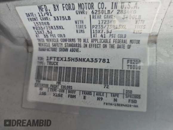 1992 Ford F-150 with VIN 1FTEX15H5NKA35781, listed as a Copart auction lot 48260665 with 162,014 mi miles and Clean Title. Bid and sale history available at carsss.com. Image 10.