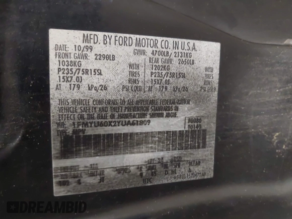 2000 Ford Explorer z VIN 1FMYU60X2YUA61809, wystawiony jako IAAI lot #42414796 z przebiegiem 167 129 mil mil oraz . Historia ofert i sprzedaży dostępna na DreamBid. Obrazek 9.