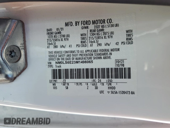 2021 Ford Transit Connect XL с VIN NM0LS6E23M1498065, выставлен на аукционе Copart как лот 79184744 с пробегом 292 586 миль миль и На запчасти • Non repairable. История ставок и продаж доступна на DreamBid. Изображение 14.