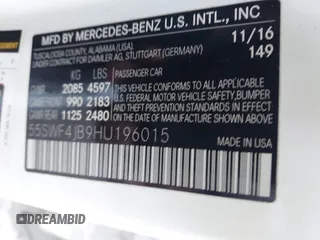 2017 Mercedes-Benz C 300 with VIN 55SWF4JB9HU196015, listed as a IAAI auction lot 41808605 with 121,378 mi miles and . Bid and sale history available at DreamBid. Image 9.