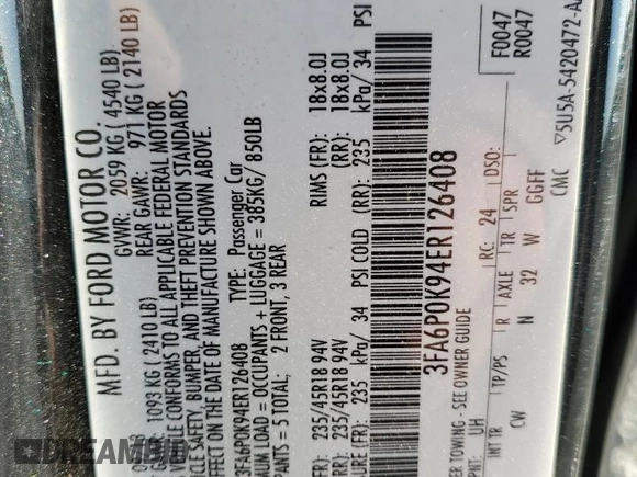 2014 Ford Fusion Titanium with VIN 3FA6P0K94ER126408, listed as a Copart auction lot 45920295 with 173,635 mi miles and Salvage Title. Bid and sale history available at carsss.com. Image 12.