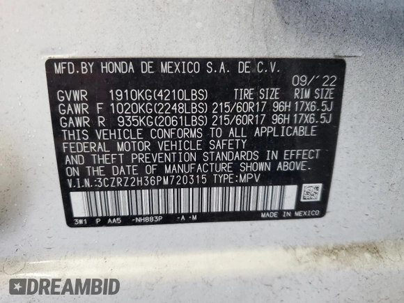 2023 Honda HR-V LX with VIN 3CZRZ2H36PM720315, listed as a Copart auction lot 61372745 with 35,531 mi miles and Salvage title. Bid and sale history available at DreamBid. Image 14.