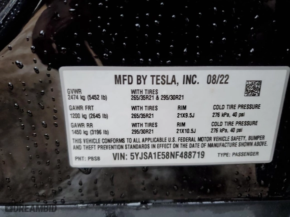 2022 Tesla Model S with VIN 5YJSA1E58NF488719, listed as a Copart auction lot 81804213 with 0 mi miles and Salvage Title. Bid and sale history available at carsss.com. Image 12.