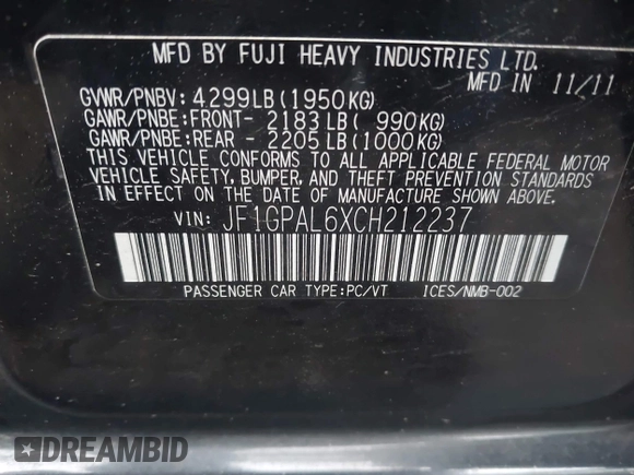 2012 Subaru Impreza Special Sports Premium с VIN JF1GPAL6XCH212237, выставлен на аукционе IAAI как лот 42441079 с пробегом 158 722 миль миль и . История ставок и продаж доступна на DreamBid. Изображение 9.