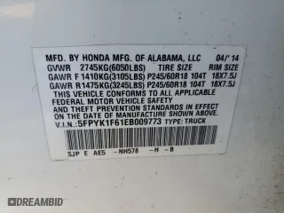 2014 Honda Ridgeline SE with VIN 5FPYK1F61EB009773, listed as a Copart auction lot 41438015 with 167,849 mi miles and Salvage Title. Bid and sale history available at carsss.com. Image 14.