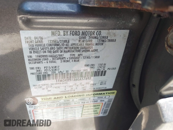 2006 Ford Freestyle Limited with VIN 1FMDK031X6GA57897, listed as a IAAI auction lot 42551729 with 331,969 mi miles and . Bid and sale history available at DreamBid. Image 9.