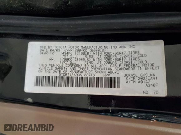 2003 Toyota Sequoia Limited with VIN 5TDBT48A93S188748, listed as a Copart auction lot 55455425 with 272,135 mi miles and Clean Title. Bid and sale history available at DreamBid. Image 13.